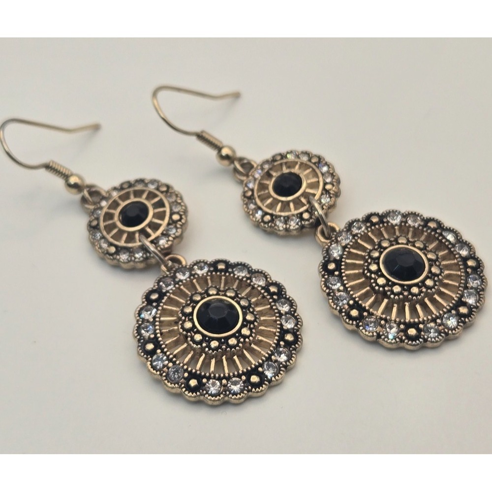 Western Cowgirl Medallion Drop Earrings Black Crystal Rhinestone Gold Tone